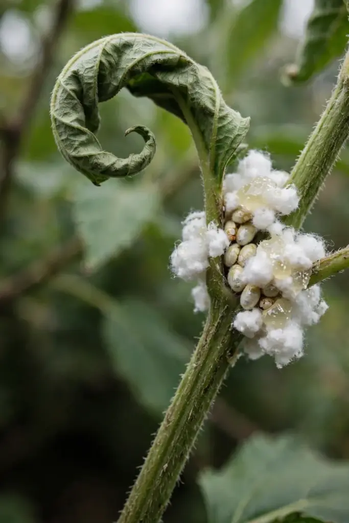 White fluffy mealybug clumps in a leaf joint on a stem
