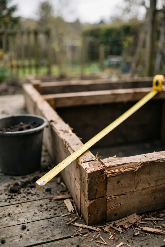 Tape measure across an empty timber raised bed beside a bucket of mix