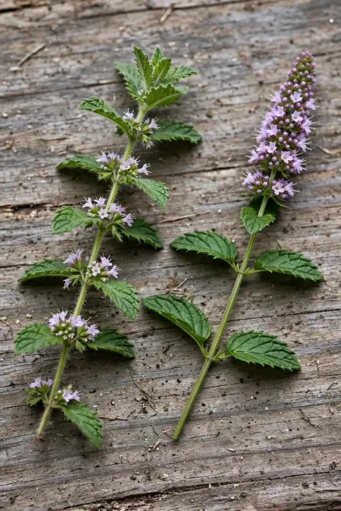 Mentha arvensis beside peppermint showing different flowers