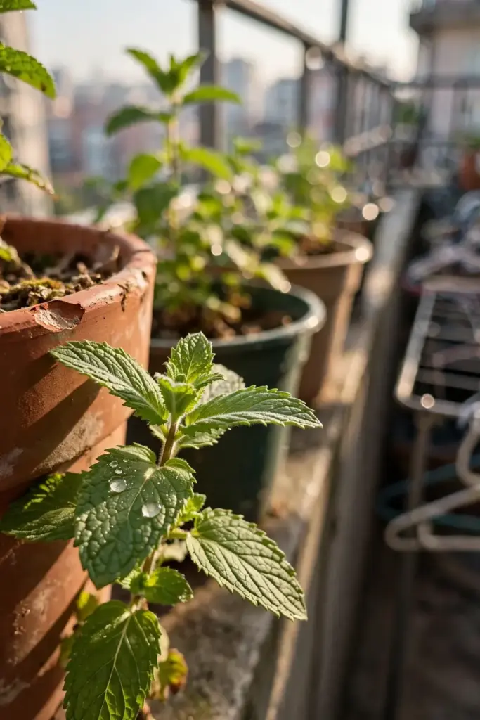 Potted menthol mint on an east-facing Indian balcony