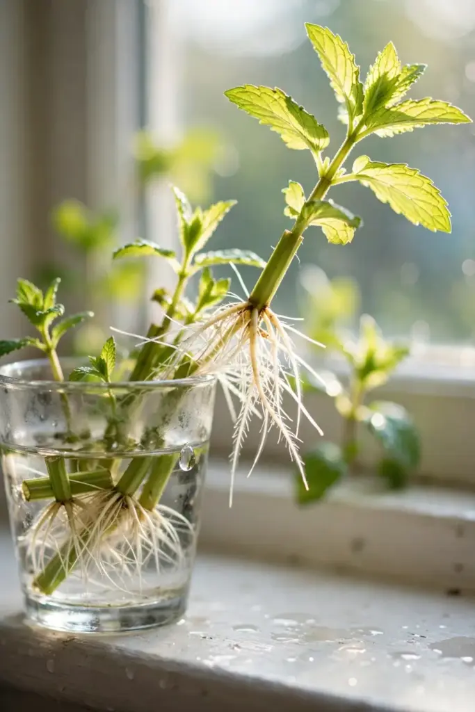 Mint cuttings rooting in a glass of water on a windowsill