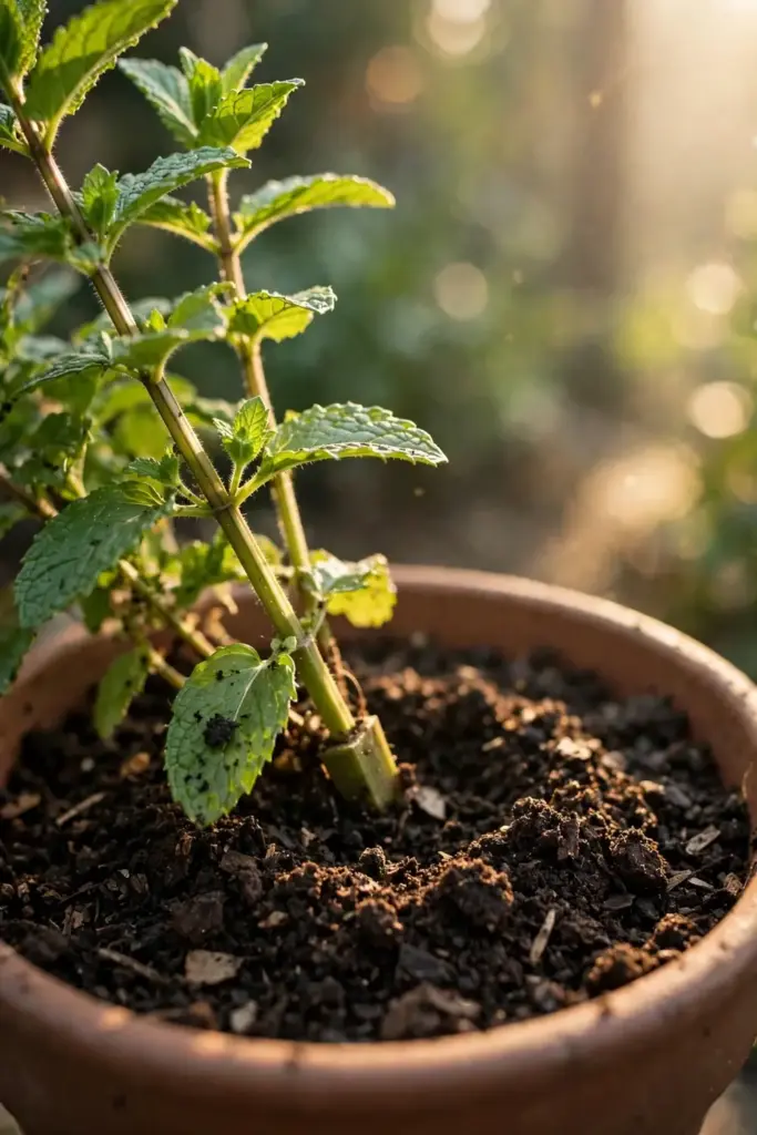 Compost top-dress around a mint plant