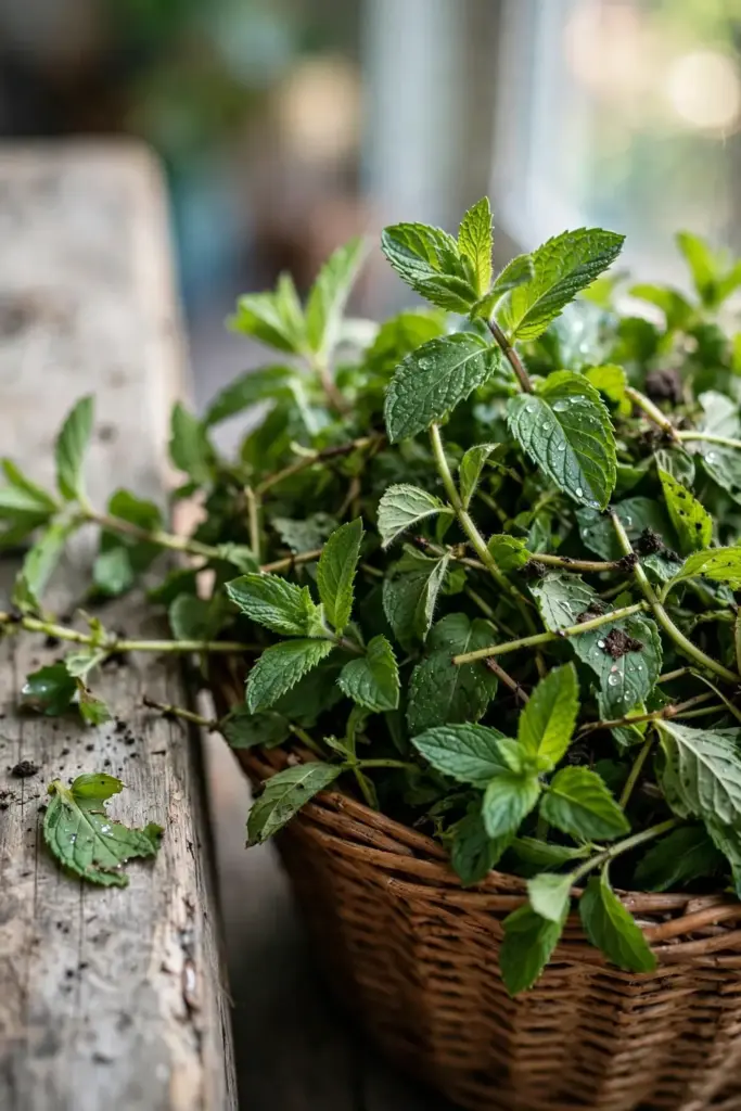 Woven basket of freshly harvested menthol mint