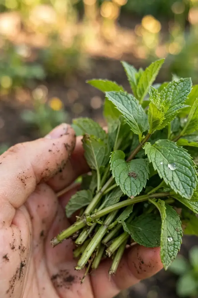 Handful of freshly picked menthol mint leaves