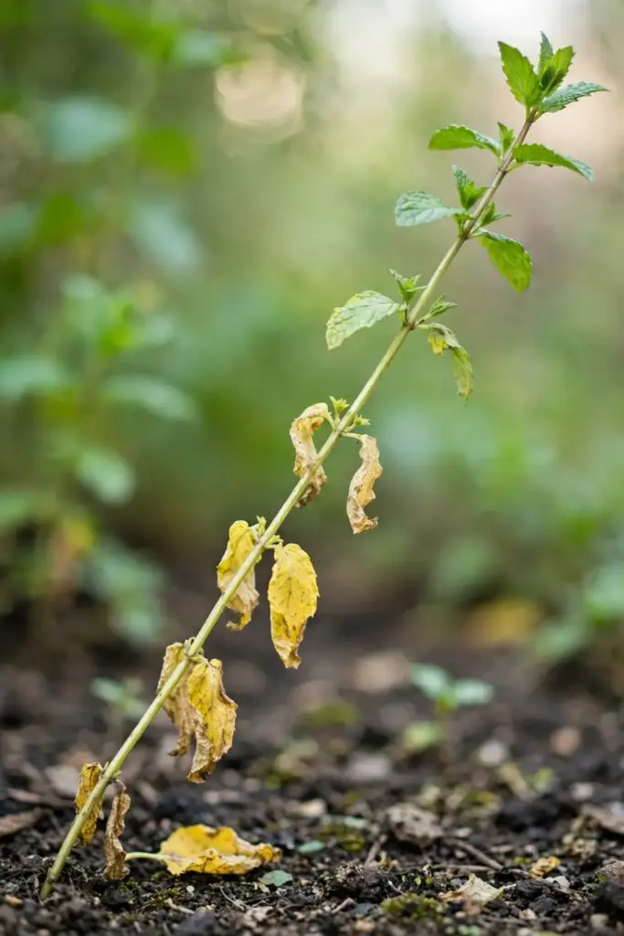 Leggy mint with yellowing lower leaves