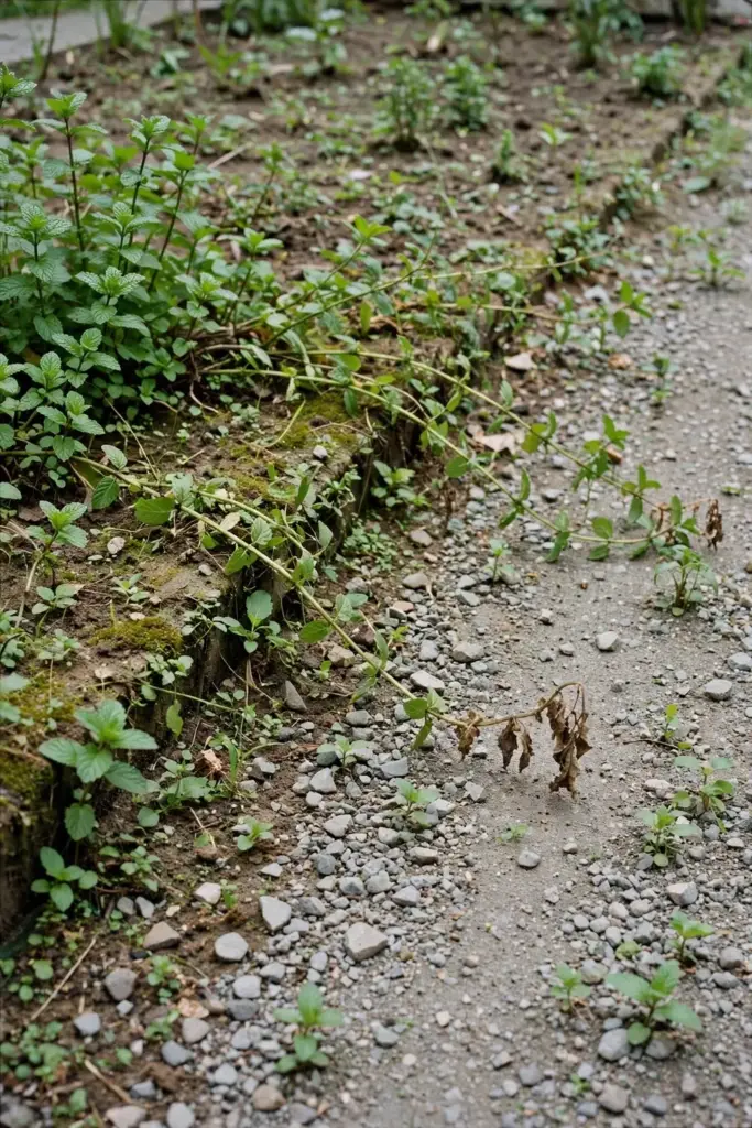 Mint runners escaping an open garden bed