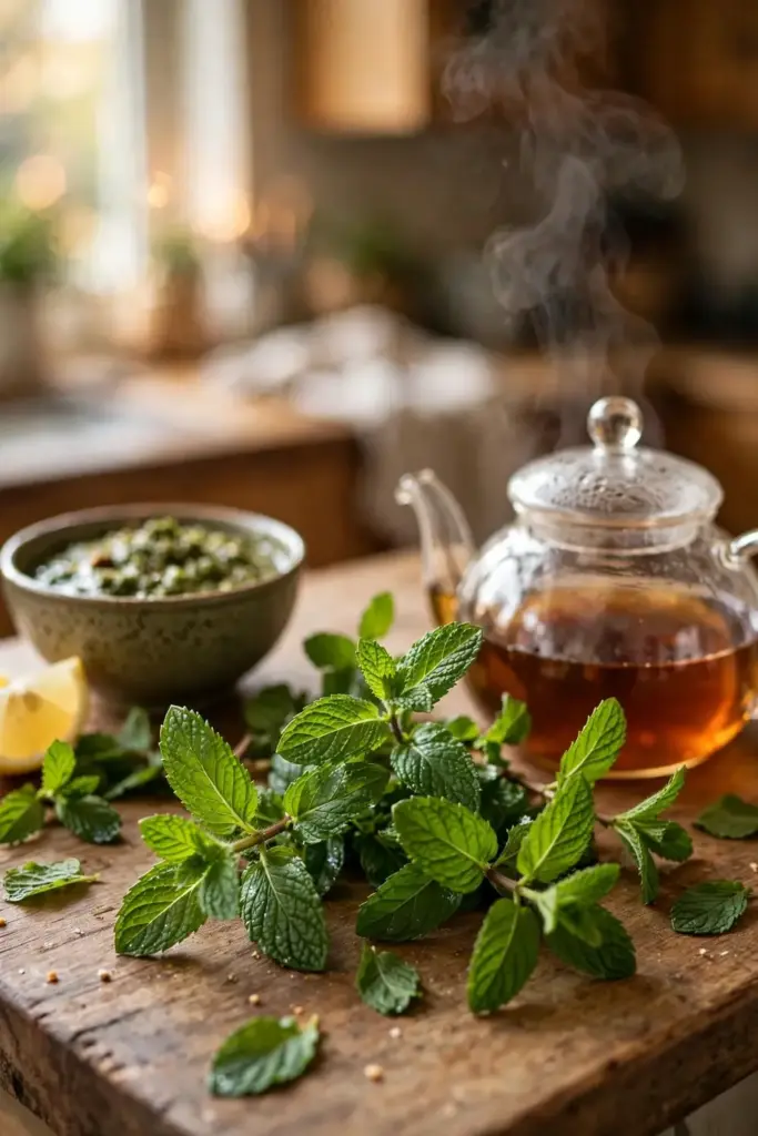 Fresh menthol mint with tea and chutney ingredients