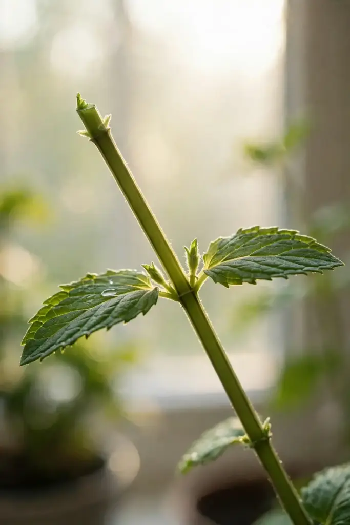Pinched mint tip with two new side shoots