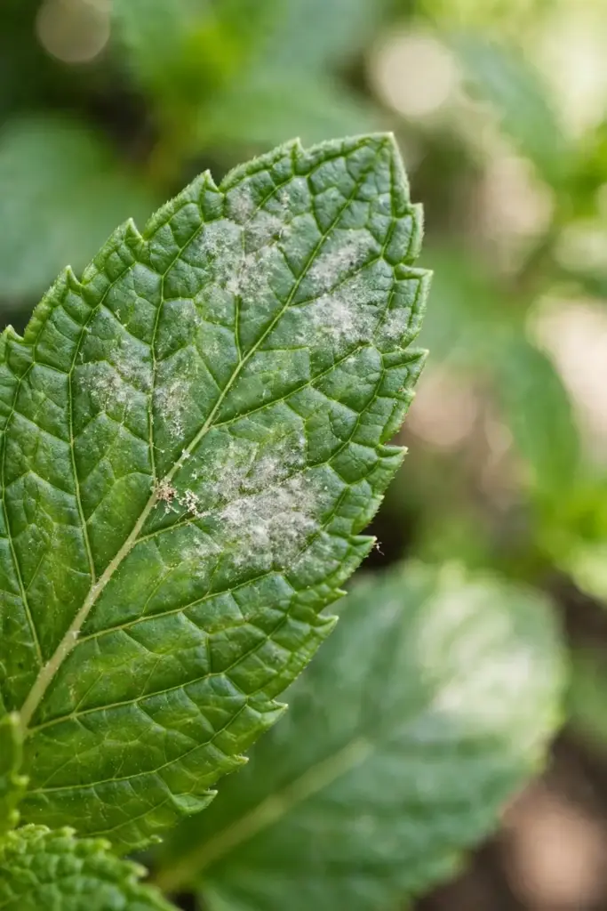 Mint leaf with early powdery mildew spots