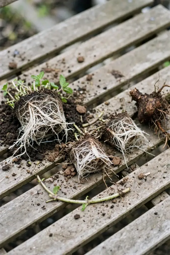 Divided mint root ball in quarters for replanting