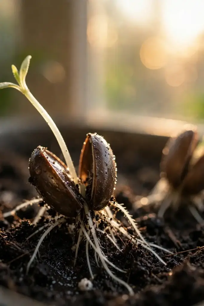 Tiny mint seedling sprouting on dark moist soil