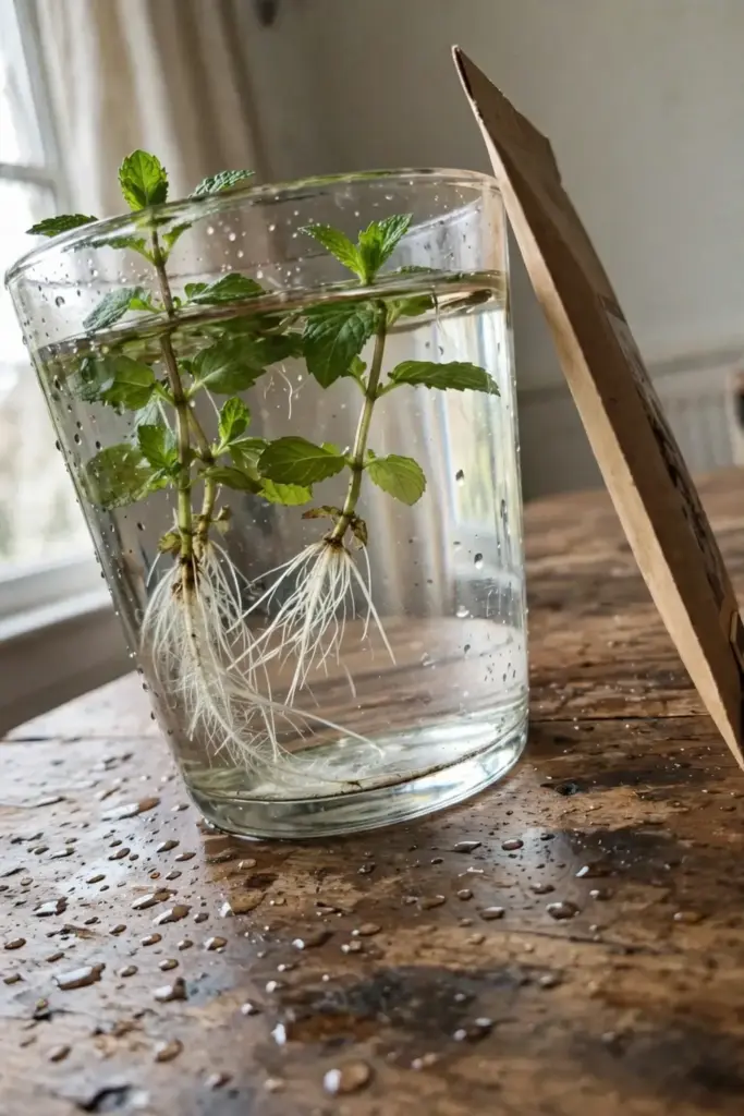 Mint seed packet beside rooted cuttings in water