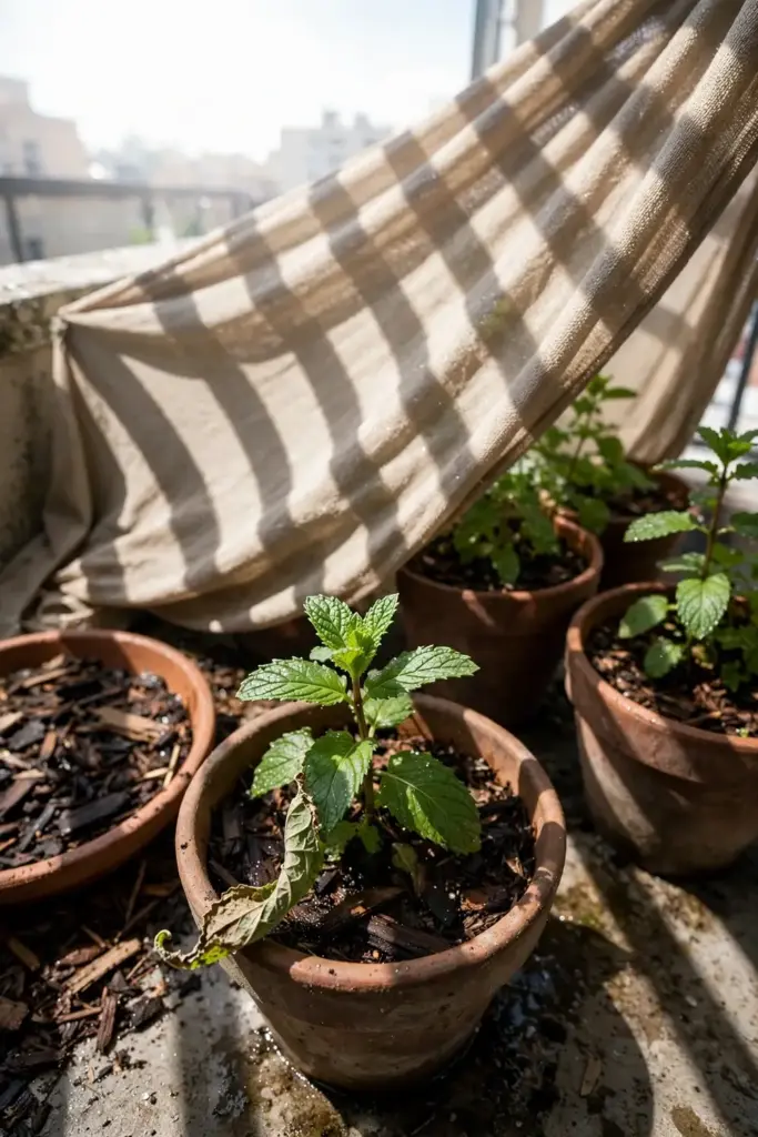 Mint pots under shade cloth in May heat