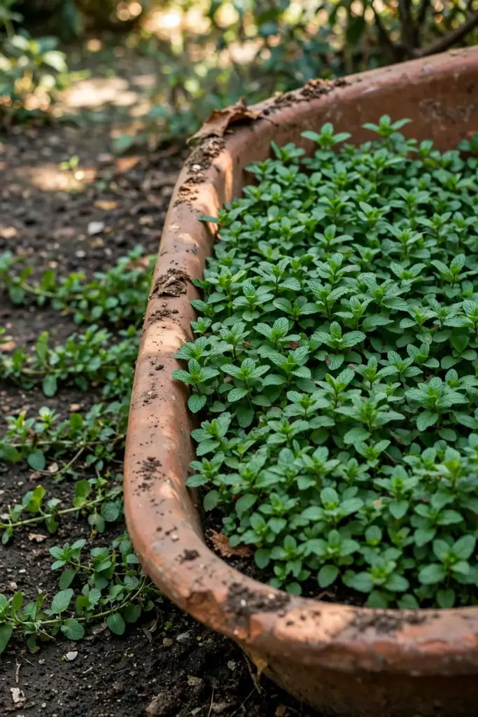 Menthol mint in a wide shallow terracotta trough