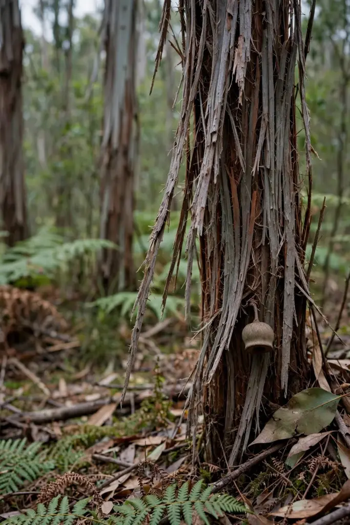 Messmate Stringybark trunk with fibrous bark strings lifting away