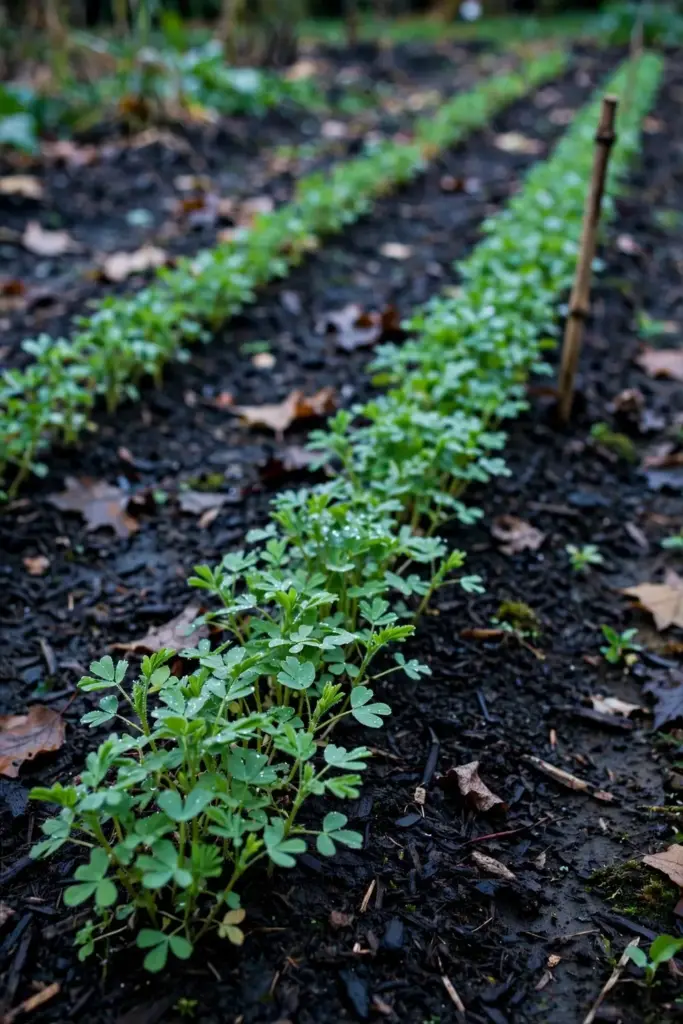 Young fenugreek rows growing in a cool-season vegetable garden under overcast autumn light.
