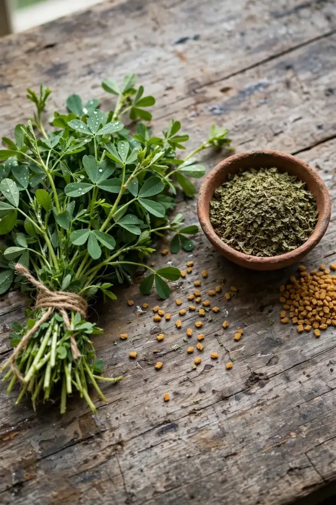 Fresh methi leaves beside a bowl of dried kasoori methi and amber methidana seeds on wood.