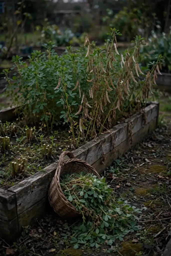 Fenugreek bed at dusk with cut stubble regrowing and a basket of harvested leaves.