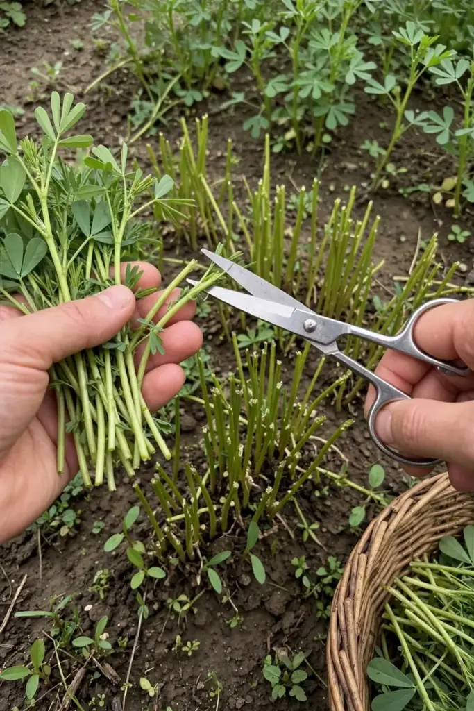 Cutting fresh methi stems with scissors above the regrowing crowns.