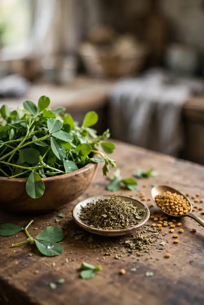 Fresh methi leaves, crumbled kasoori methi, and amber methidana seeds in a kitchen.