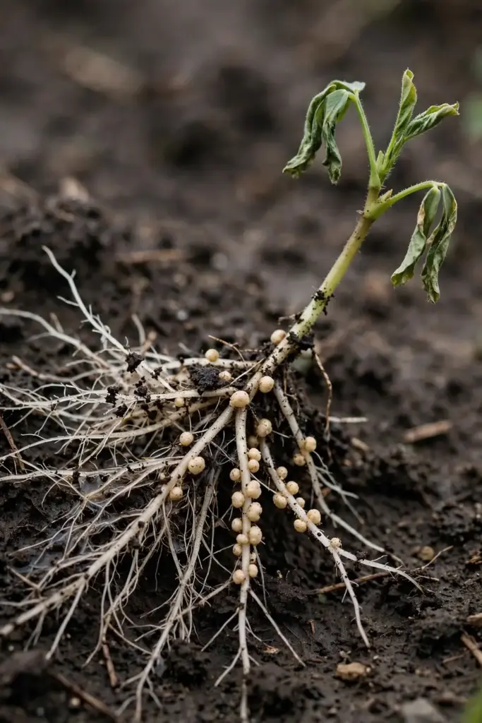 Lifted fenugreek seedling showing pale nitrogen-fixing nodules on its roots.