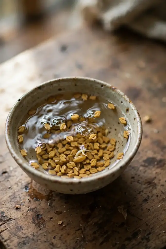 Fenugreek seeds soaking in a ceramic bowl of water with one seed split open.