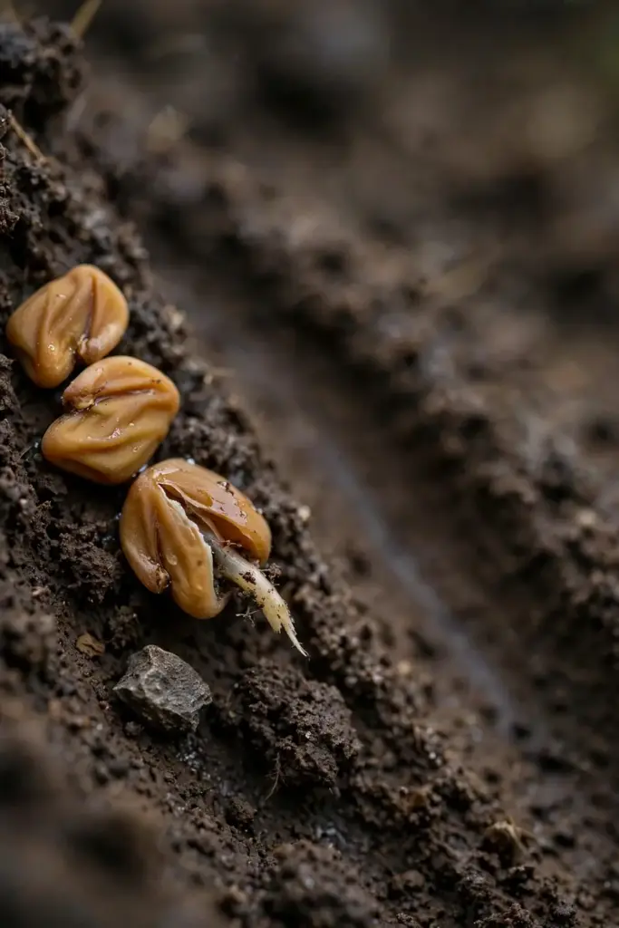 Fenugreek seeds pressed shallowly into dark soil with one seed splitting open.