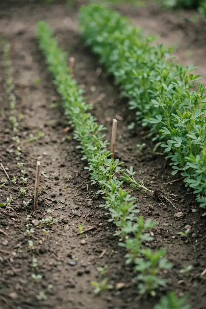 Three rows of fenugreek at successive growth stages from sprouts to leafy plants.