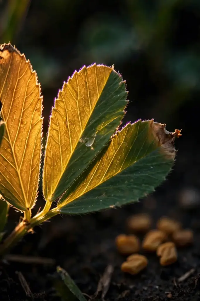 Backlit close-up of a fenugreek leaf showing three oblong leaflets with etched veins and amber seeds below.