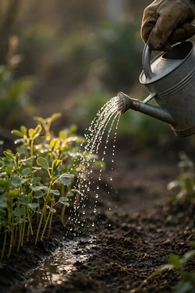Watering young fenugreek seedlings with a metal watering can in warm backlight.