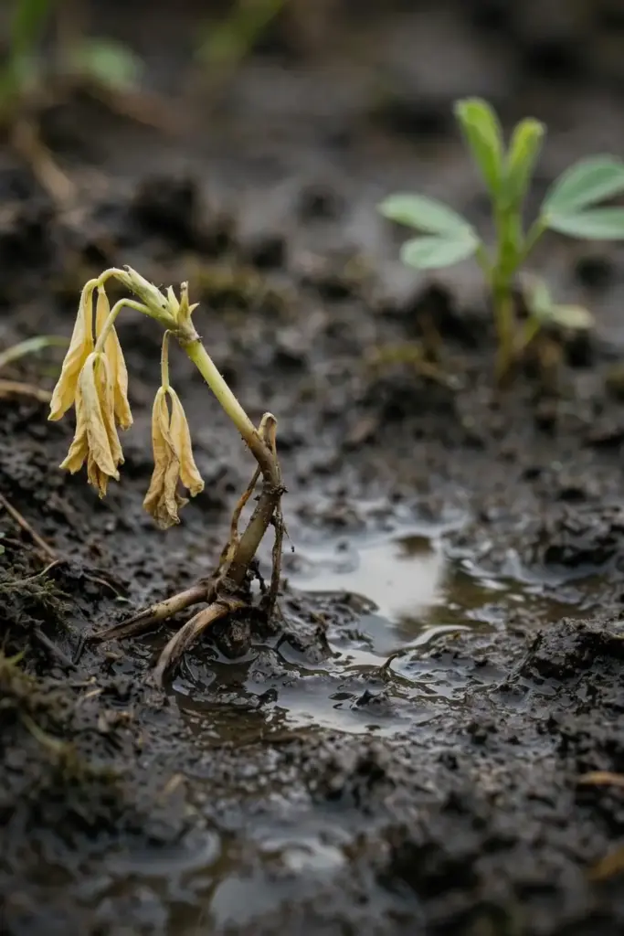 Drooping yellowed fenugreek seedling with browned stem in soggy soil.
