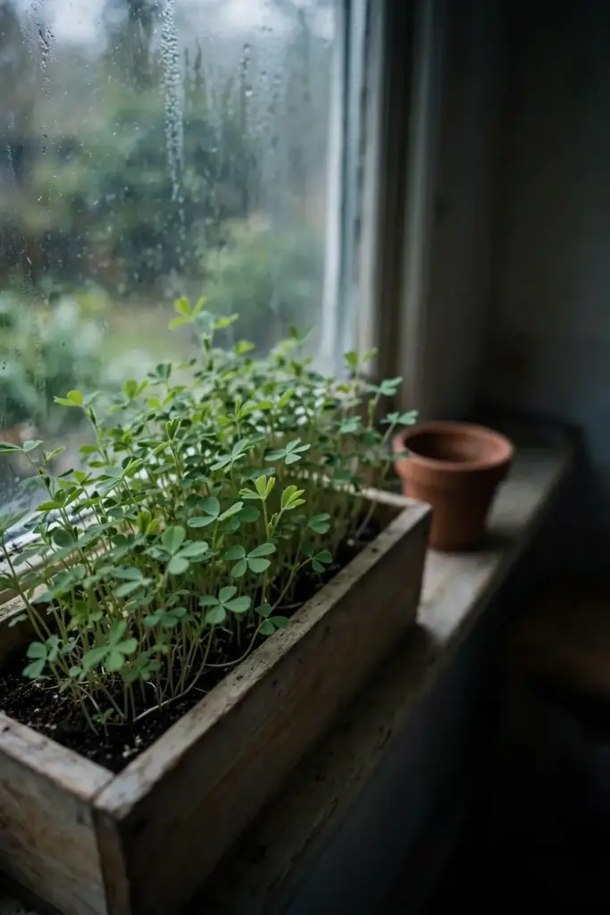 Dense fenugreek seedlings growing in a wide window box on a bright windowsill.