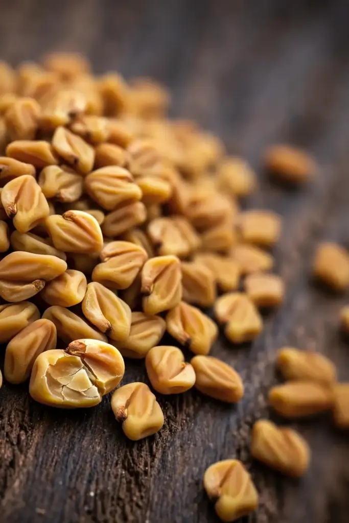 Close-up of hard amber fenugreek seeds showing their cuboid shape and surface texture.