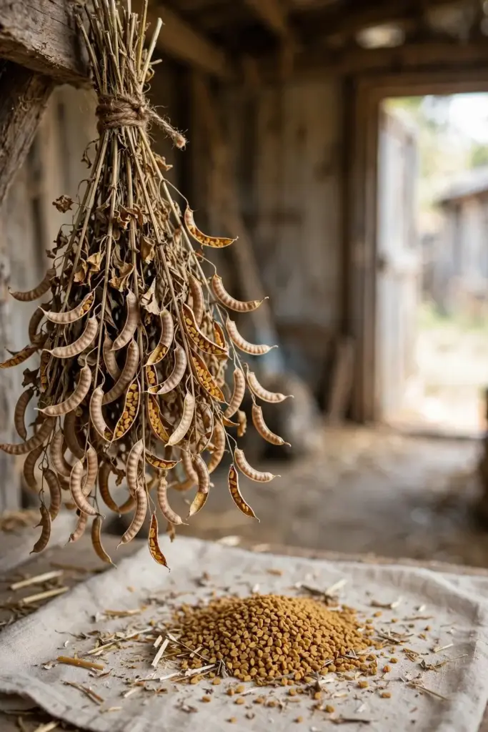Bundle of dried fenugreek plants with brown pods hanging above threshed amber seed.