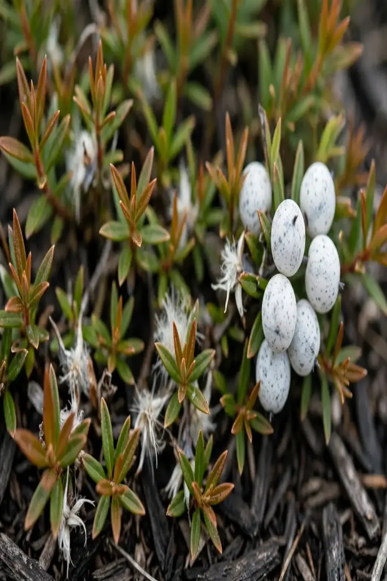White midyim berries with blue-gray spots on a low spreading shrub