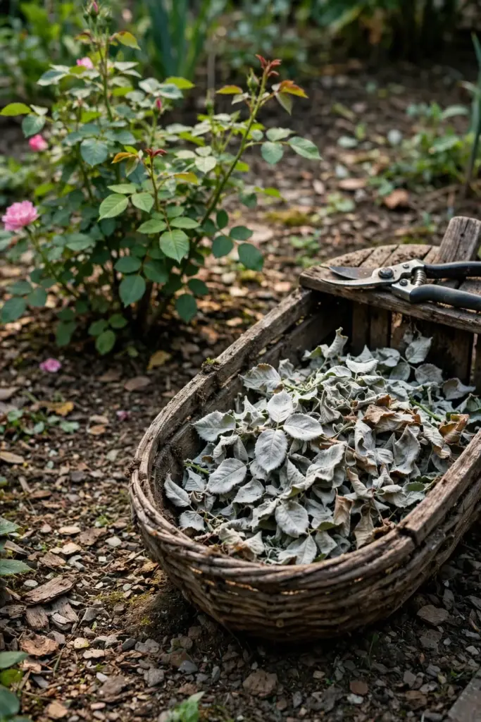 Pruned mildewed rose leaves in a trug beside a healthy plant in morning light