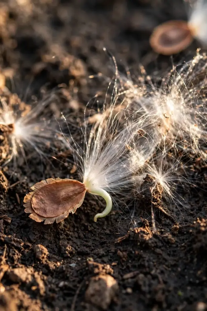 Milkweed seed with silky coma and a pale sprout on dark soil