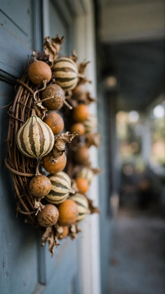 Grapevine wreath wired with dried mini gourds hanging on a front door