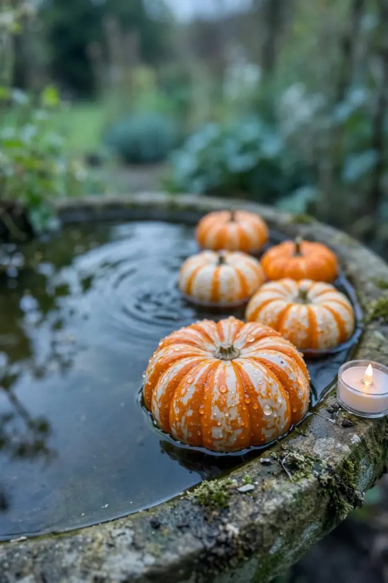 Mini orange and white pumpkins floating in a stone birdbath
