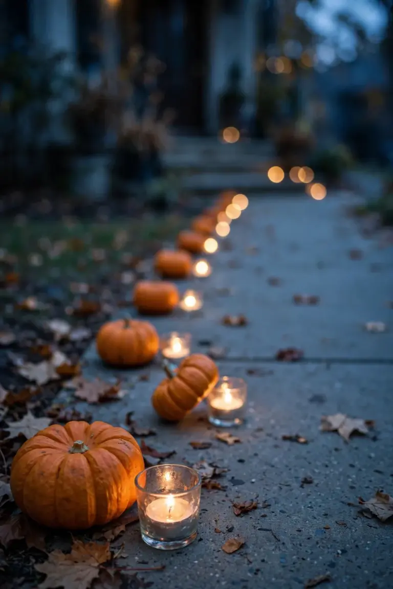 Mini pumpkins and battery tea lights lining a front walkway at dusk