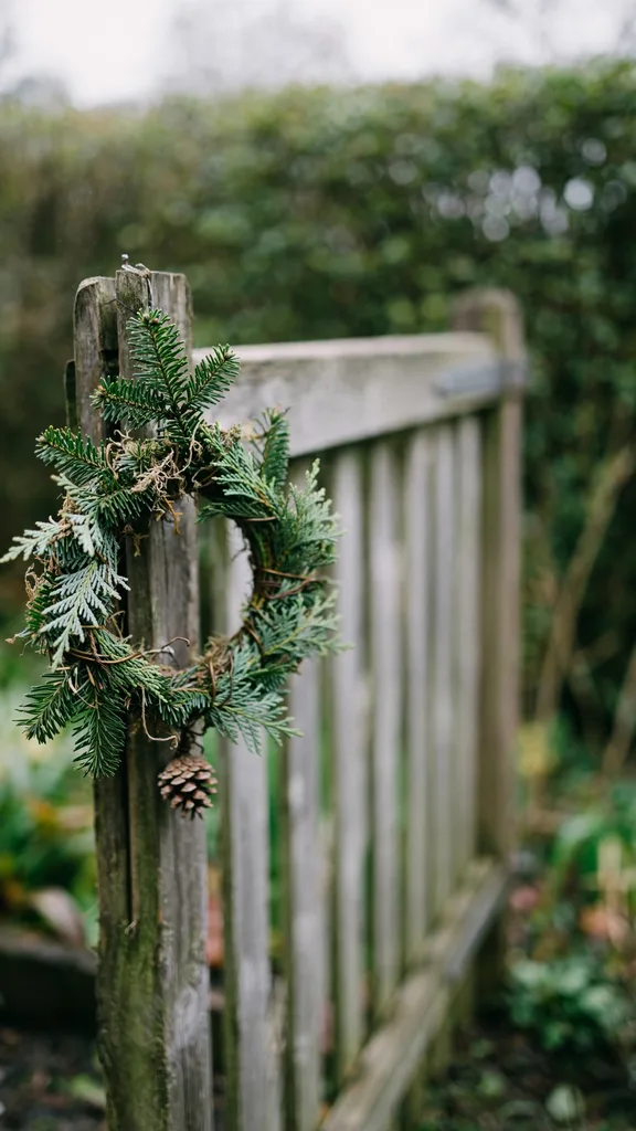 A small mini wreath made from short fir and cedar prunings with one pine cone