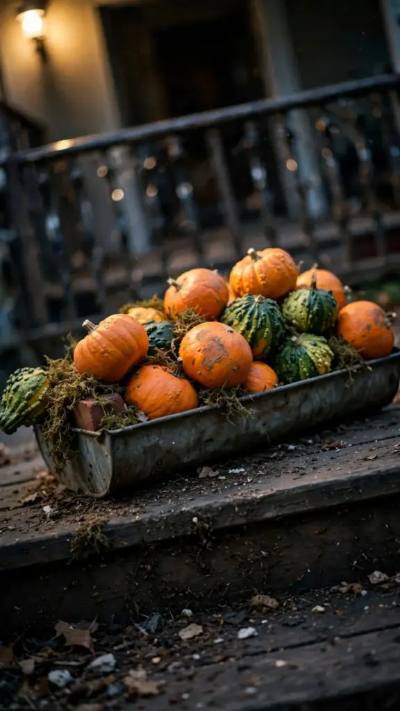 Low trough of mini pumpkins, gourds, and dried moss on porch steps