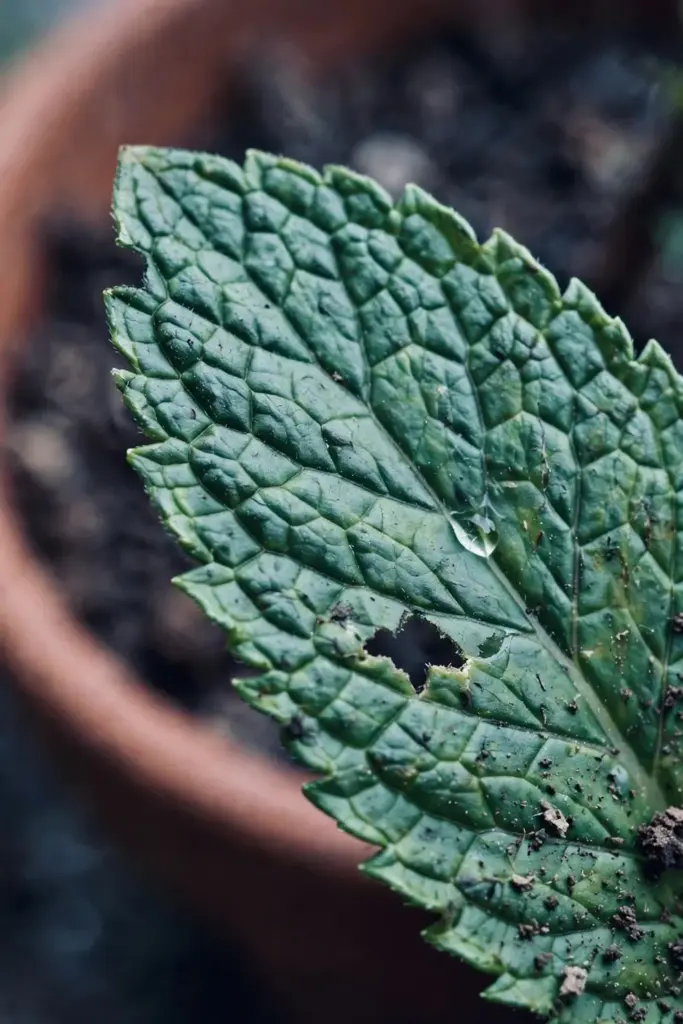 Serrated mint leaf with a terracotta pot rim blurred behind