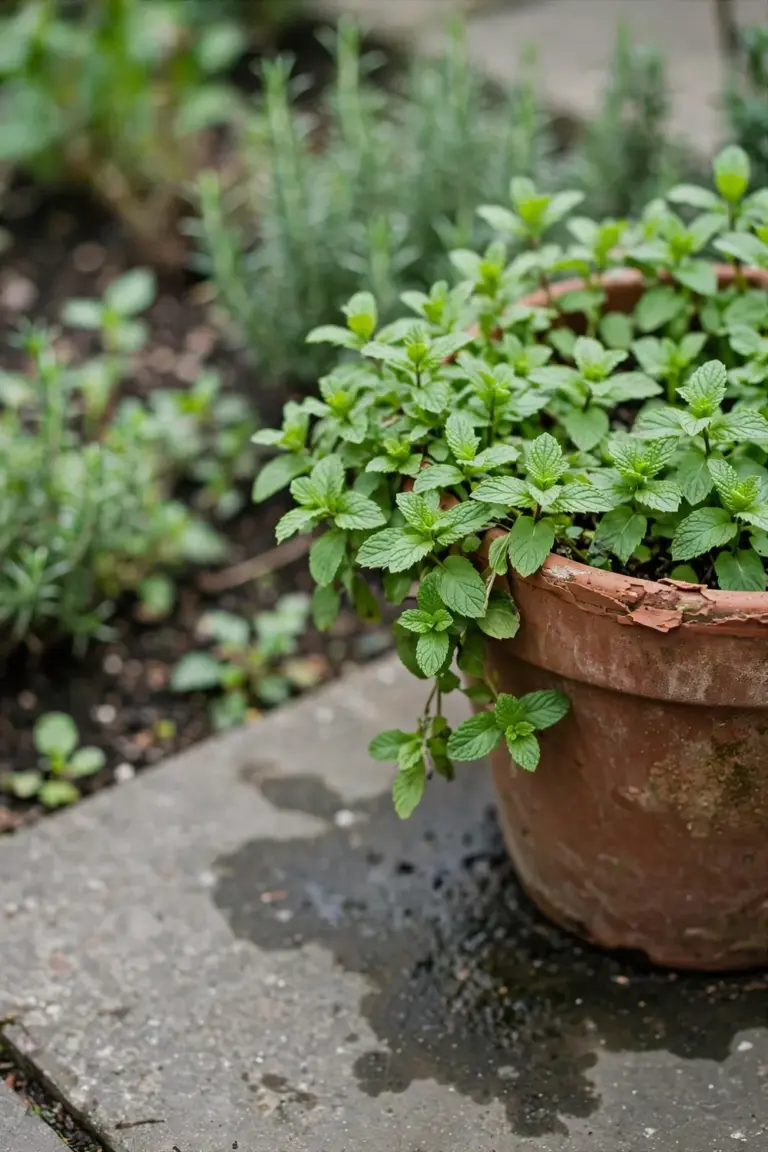 A lush mint plant in a terracotta pot standing on paving slabs beside a herb bed