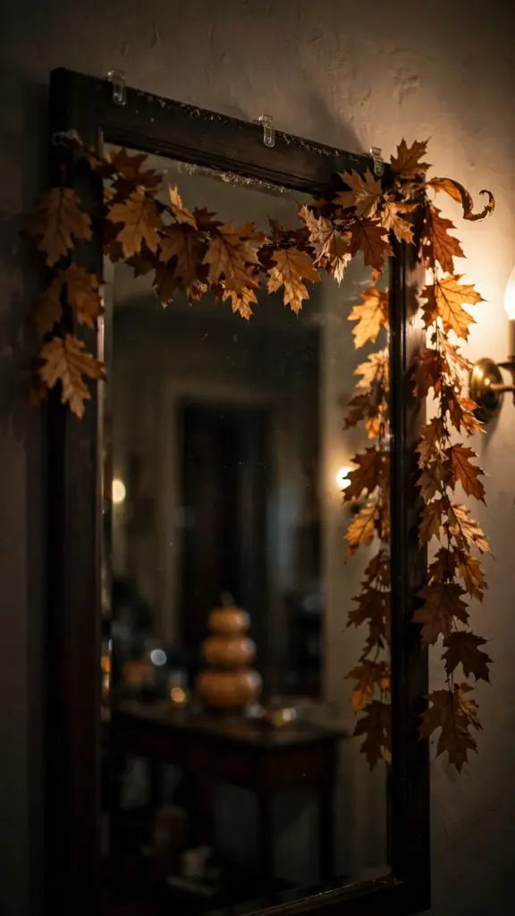 Leaf garland draped across the top of a foyer mirror