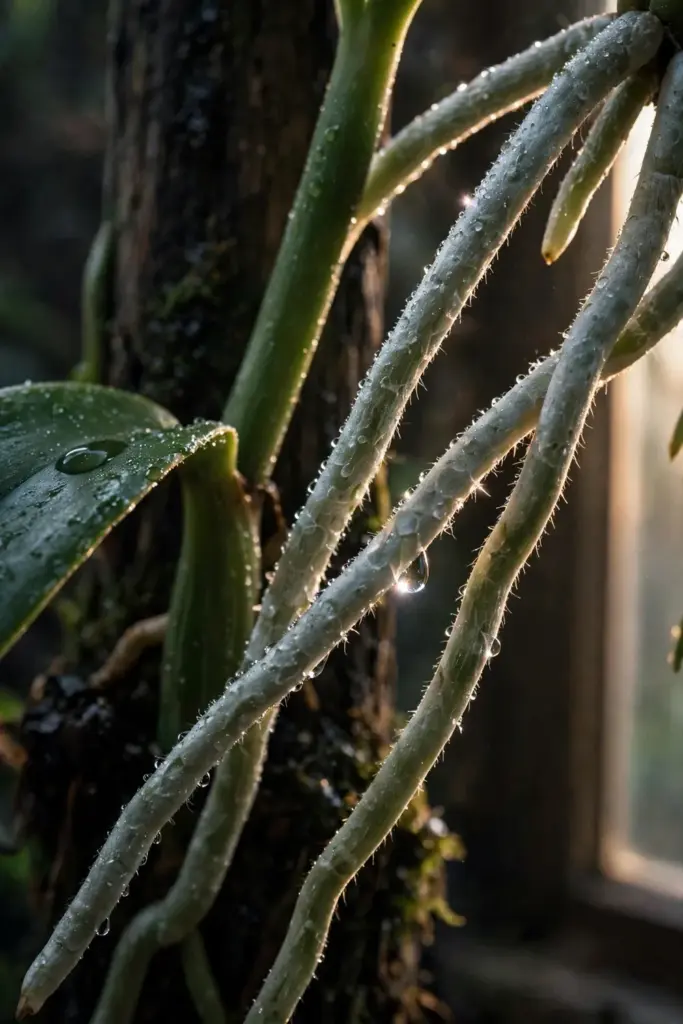 Silvery aerial roots with mist droplets on a vanilla orchid stem