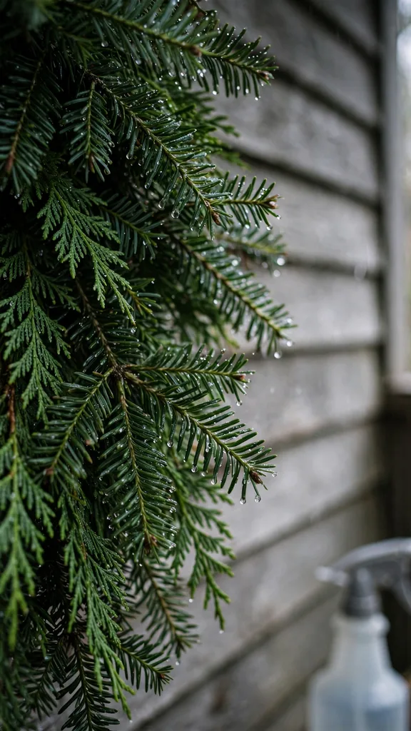 Fine water mist droplets on evergreen wreath foliage hanging on a shaded porch