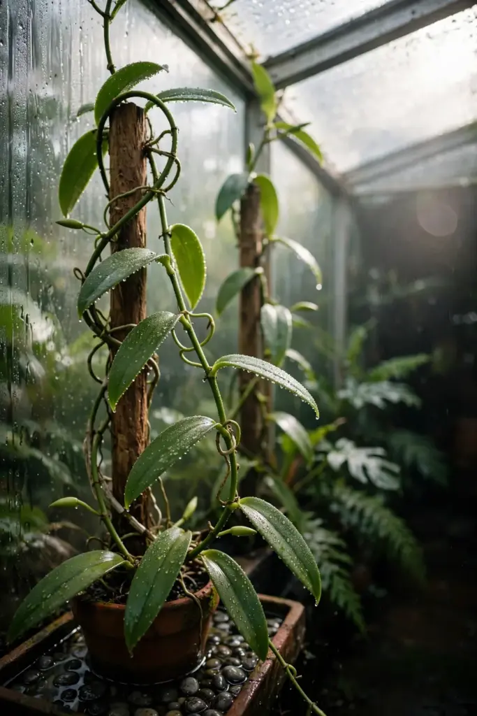 Vanilla orchid vines in a misty humid home greenhouse