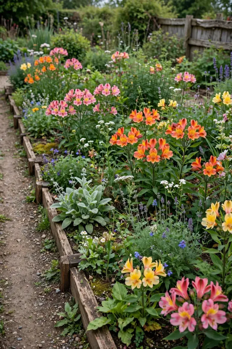 Mixed perennial border with established alstroemeria clumps in pink, orange, yellow