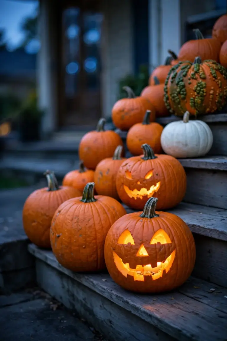 Porch steps display mixing glowing carved pumpkins with whole uncarved pumpkins in mixed sizes and colors